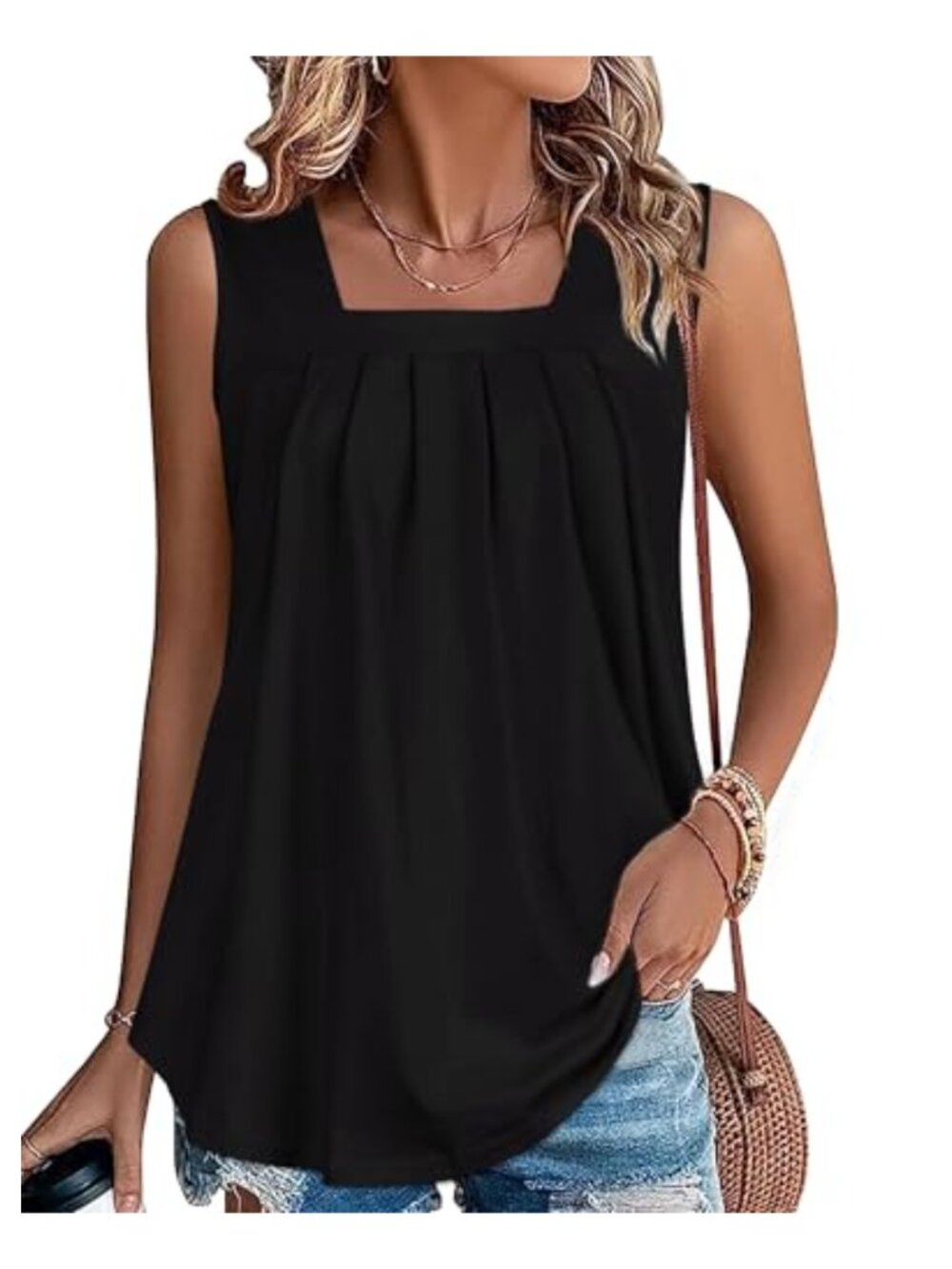 Women Tank Top Flowy Pleated Square Neck Sleeveless Summer Tunic Blouse
